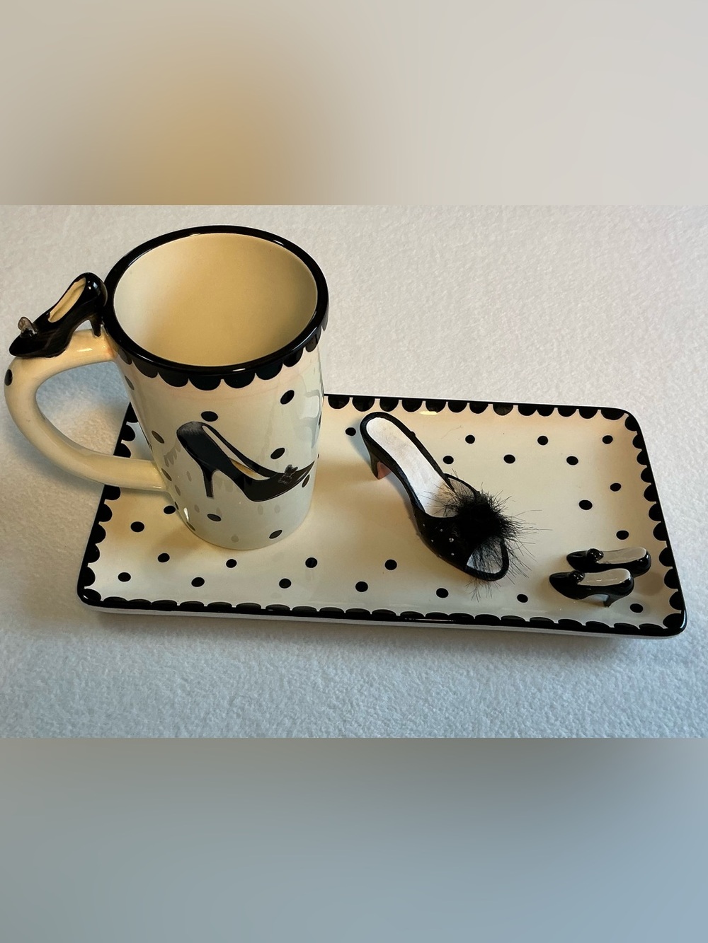 Black Polka Dot Shoe Mug & Tray Set - Decorative Home Accent